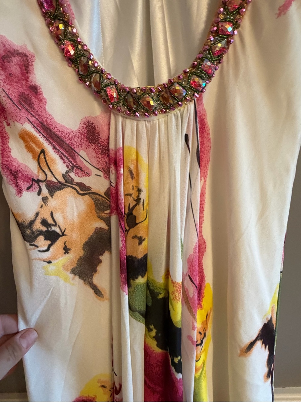 Faviana Y2K Jeweled V-Neck Floral Maxi Dress in White, Pink & Yellow - Picture 9 of 11